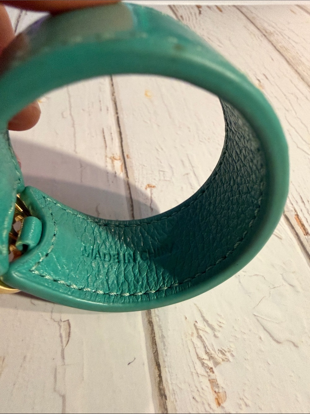 Tory Burch Teal Leather Logo Cuff with Gold Medallion - Picture 10 of 11
